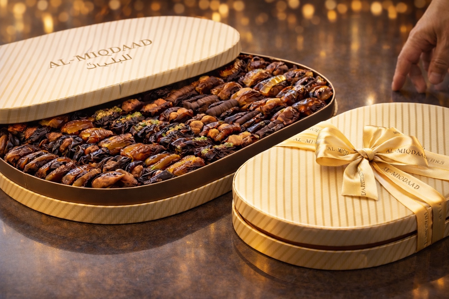 Coming soon concept for an AL MIQDAAD gourmet date gift collection.