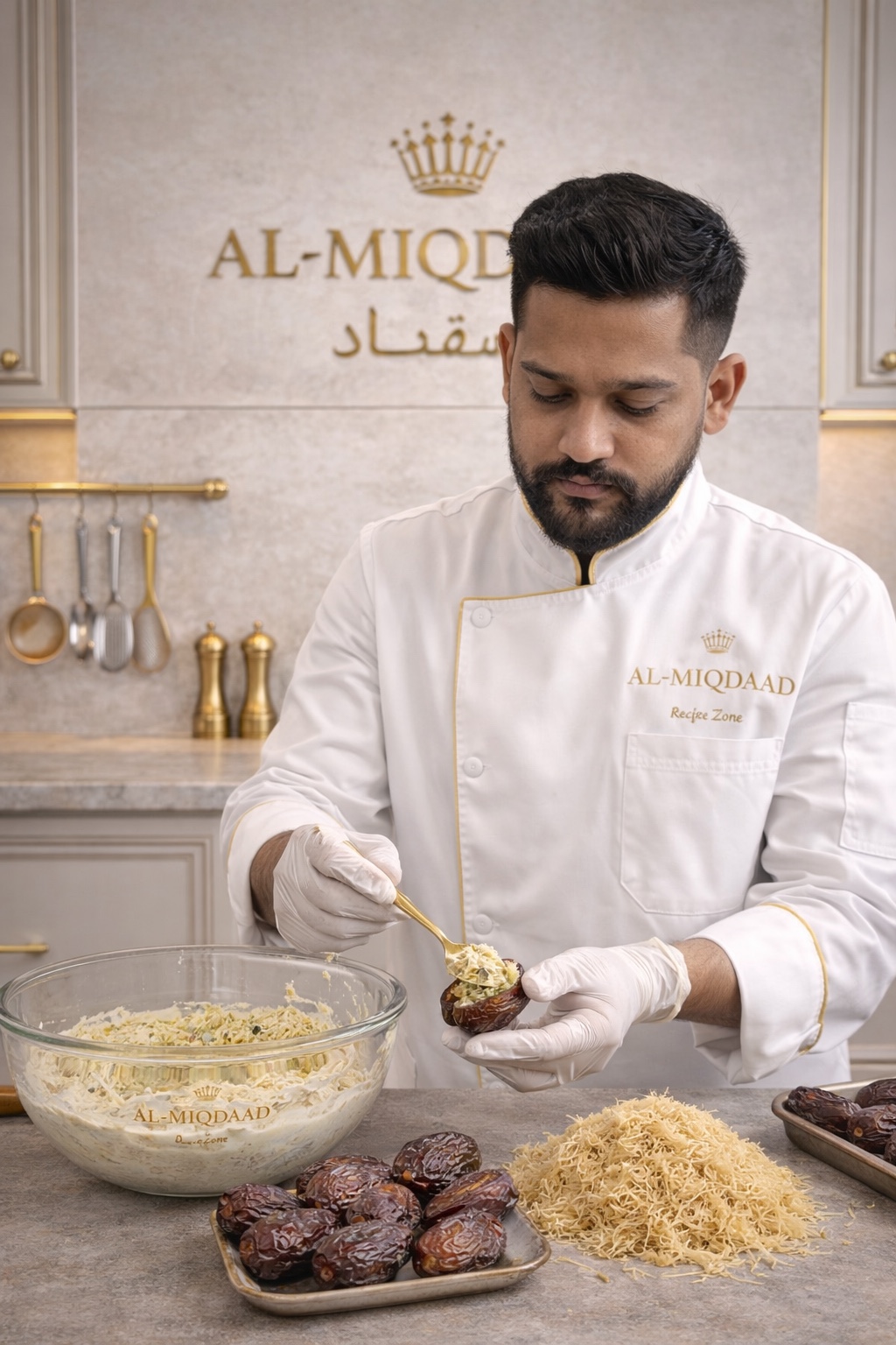 Future vision concept of gourmet date preparation in a branded kitchen.