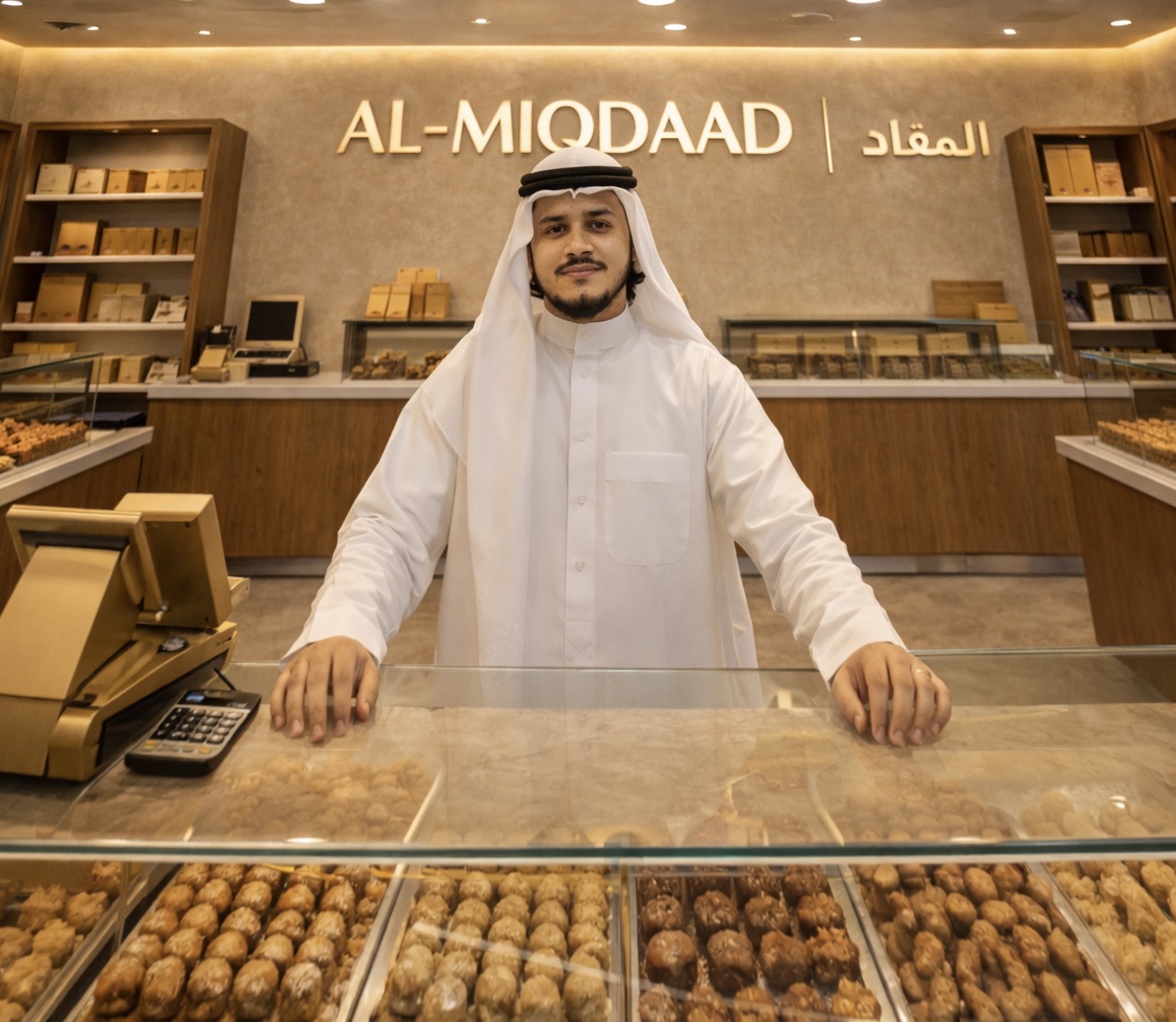 Future vision concept for an AL MIQDAAD gourmet retail counter.