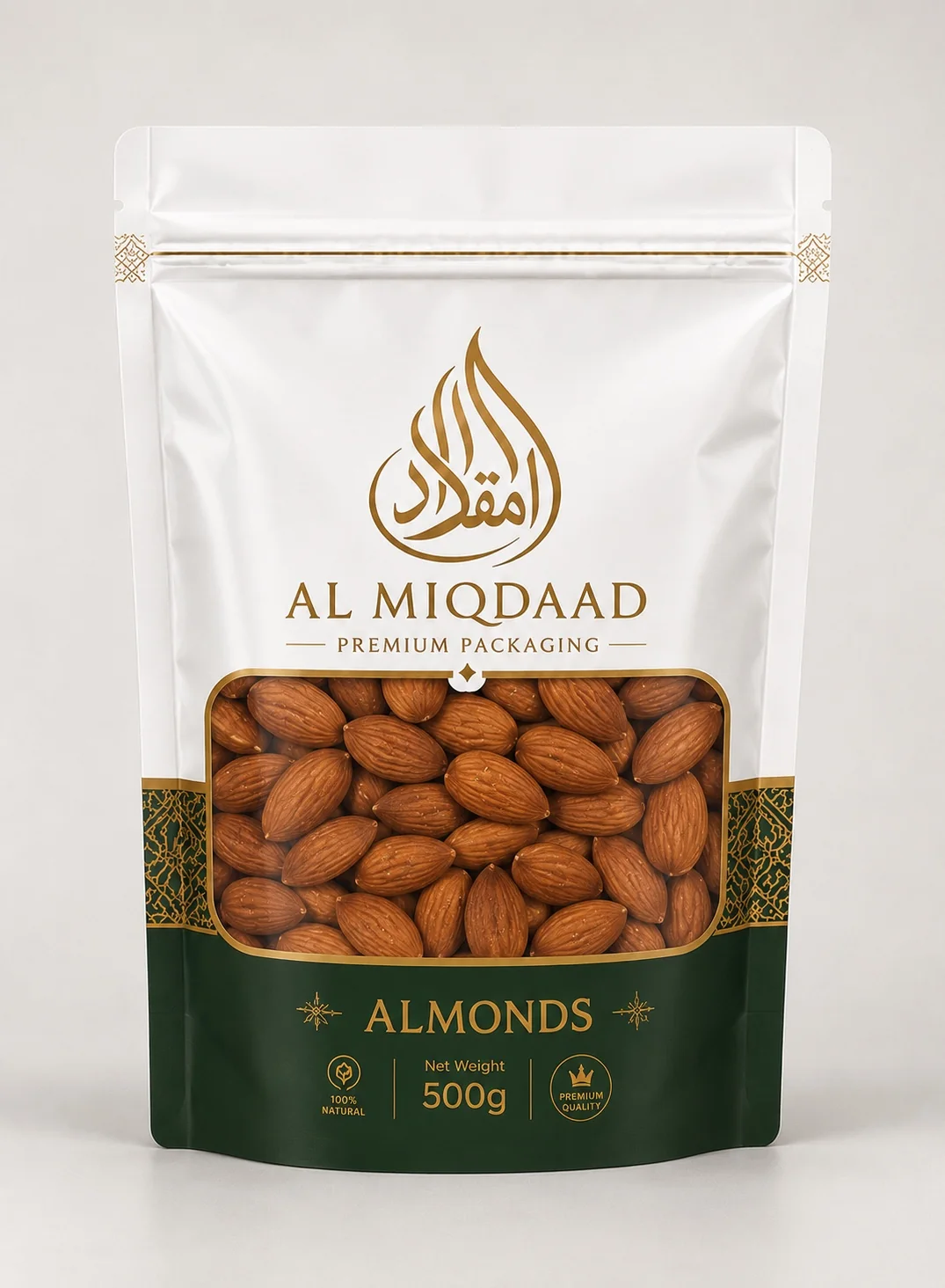 AL MIQDAAD selected almonds packaging visual.
